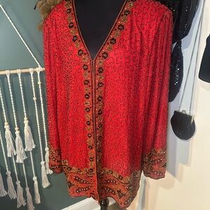 Vintage Laurence Kazar Silk Beaded Jacket Red Gold Fully Embellished Open Front